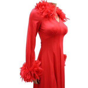 Vintage Old Hollywood GLAM Red Feather Trim Maxi Gown Evening Dress XS